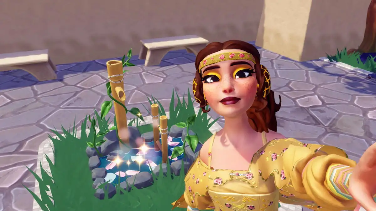 Taking a picture with bamboo fountain in disney dreamlight valley