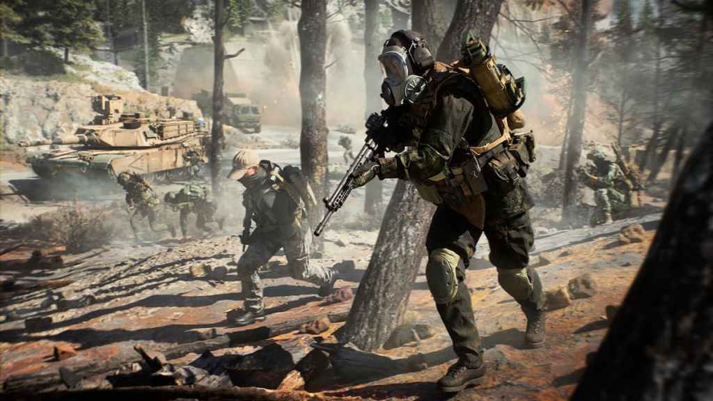 Soldiers rushing through a wooded area in Battlefield 6. 