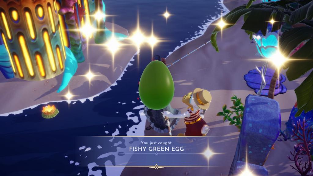 Catching fishy green egg on beach in disney dreamlight valley