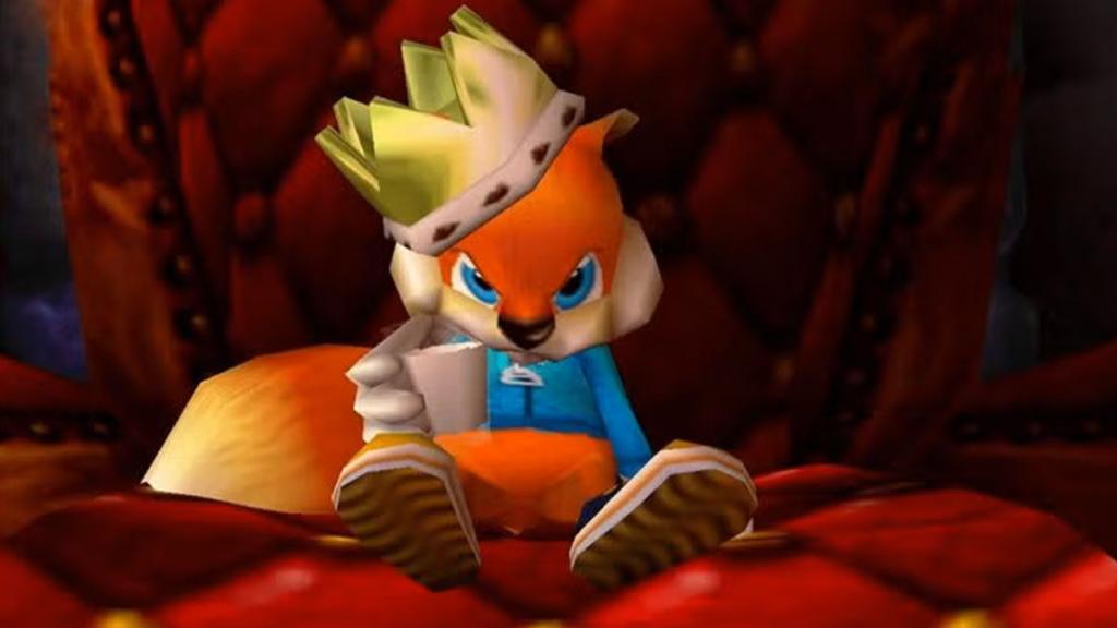 Conker wearing a crown in in Conker's Bad Fur Day