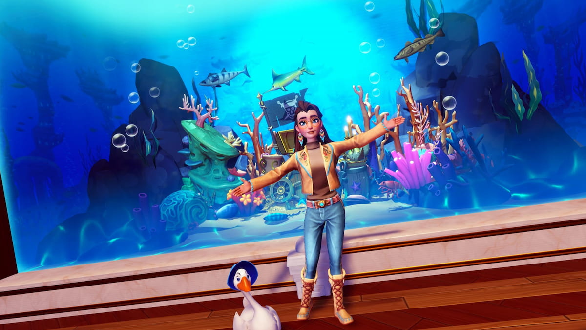 Player standing in front of dazzle beach aquarium in disney dreamlight valley