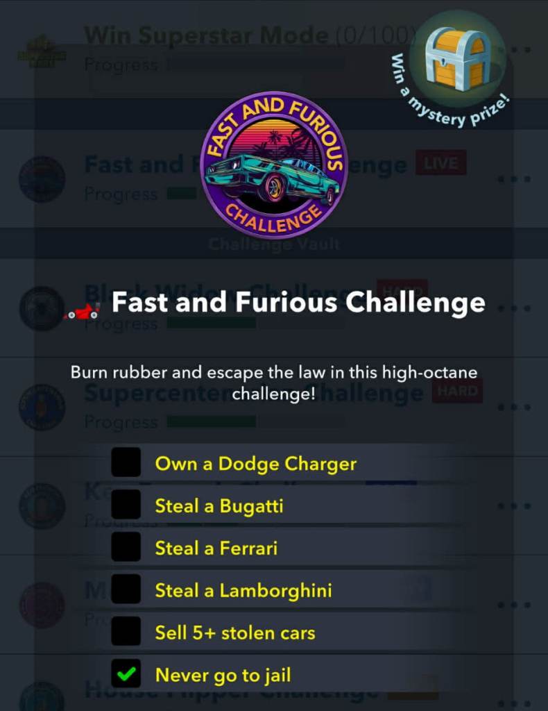 fast and furious challenge goals in bitlife