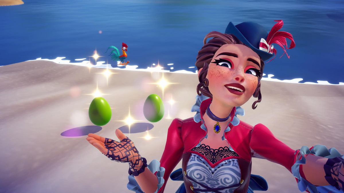 Player taking picture with two Fishy Green Eggs on the beach in disney dreamlight valley