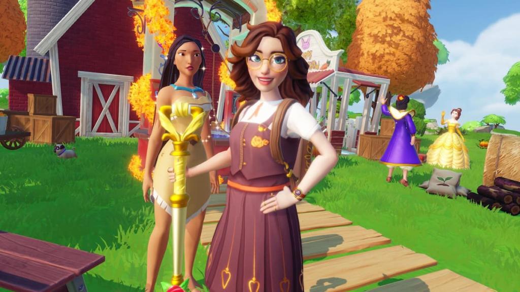 Player holding shovel standing outside with Pocahontas in disney dreamlight valley