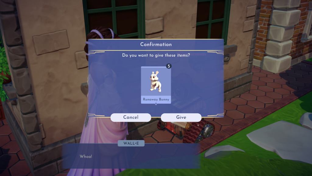 Giving wall-e caught bunnies in disney dreamlight valley