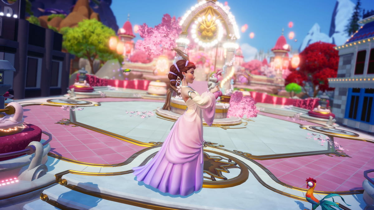 Player in an ombre sunset dress holding a pink rabbit in the plaza in disney dreamlight valley