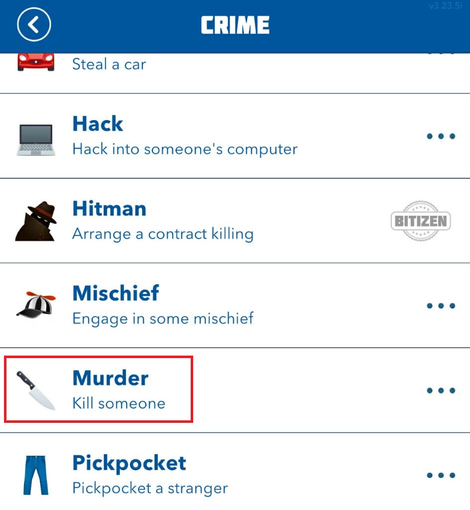 Murder option marked in BitLife