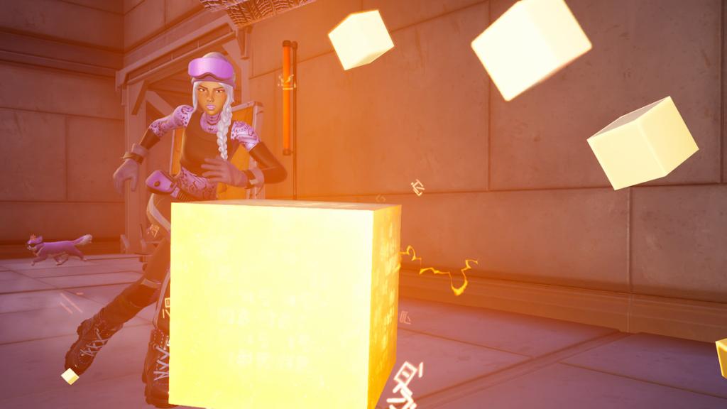 Jules running by a chaos cube at new sanctuary in fortnite