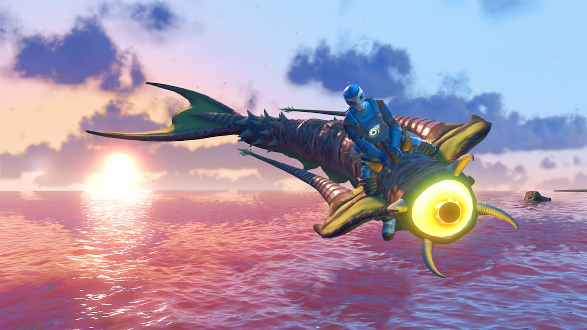 Player riding an alien creature in No Man's Sky.