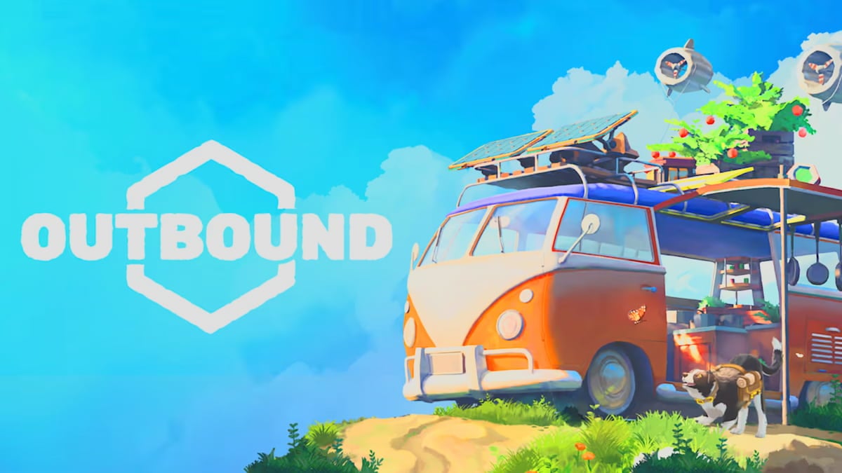 Outbound key art featuring orange van on a grassy hill with a black dog by it