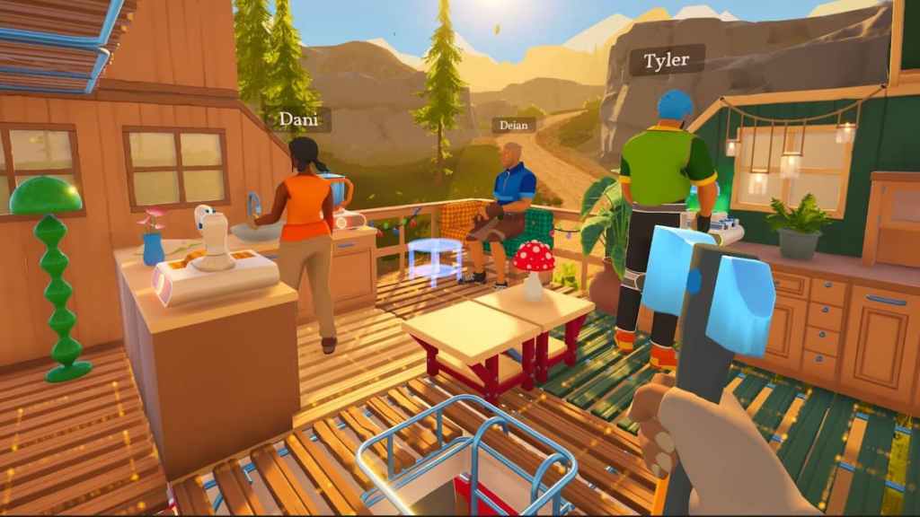 Four players in house on top of van in outbound