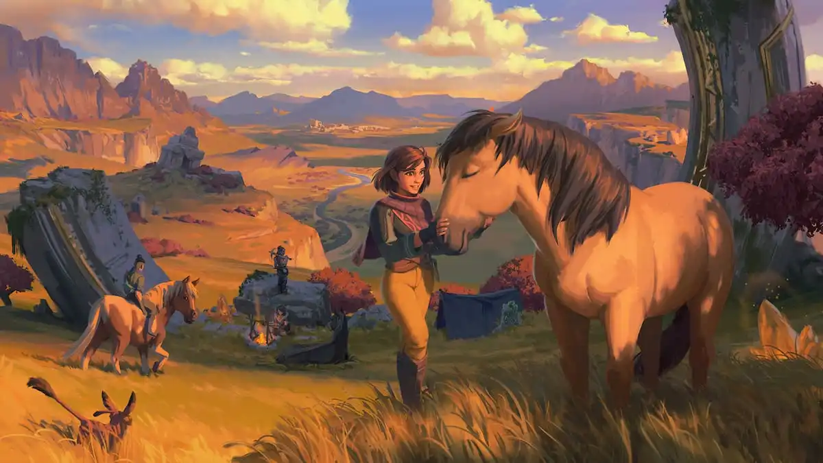 Palia player petting horse standing in field