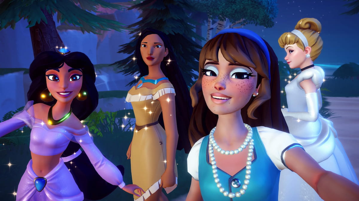 Player taking picture with Pocahontas, jasmine, and cinderella in disney dreamlight valley