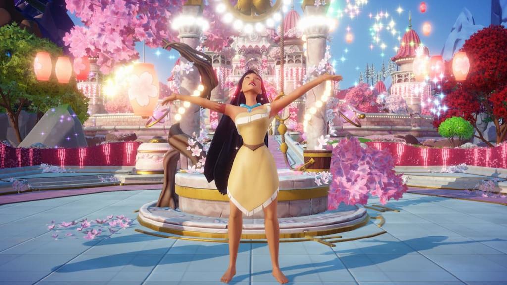pocahontas arriving and celebrating by well in disney dreamlight valley