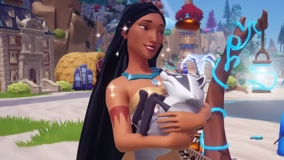Pocahontas holding Meeko in disney dreamlight valley