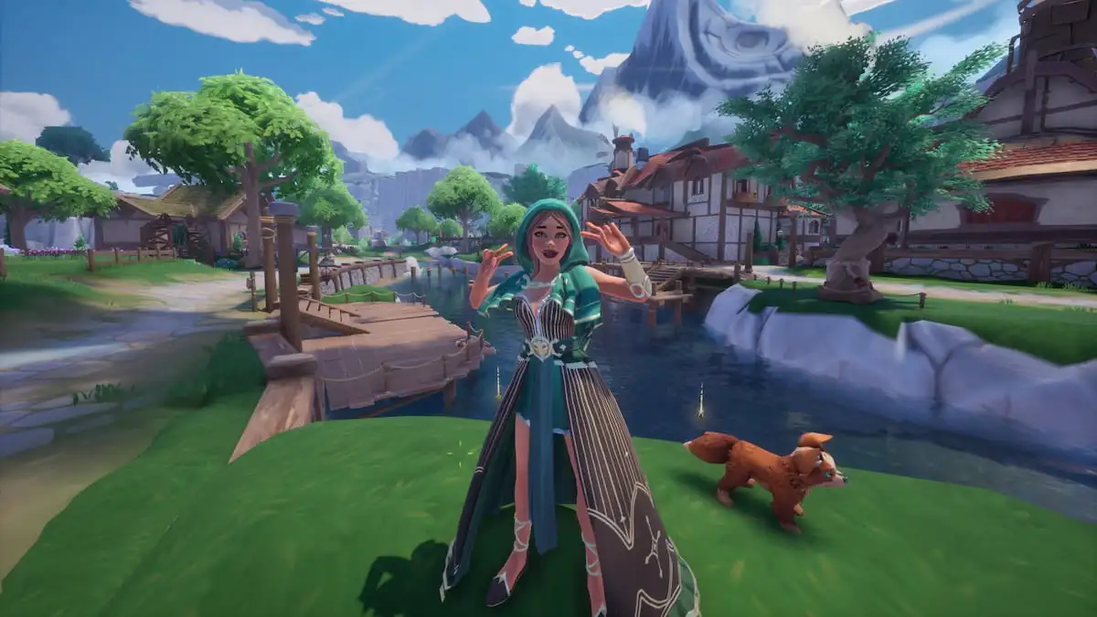 Player in green hooded dress posing by a river in palia