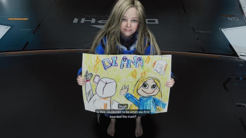 Diana holding a drawing of Hugh and her in Pragmata. 