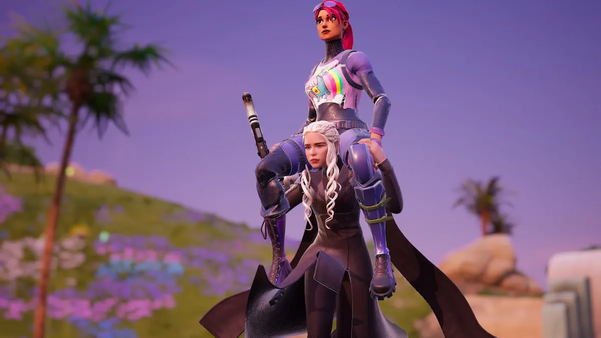 A player with pink hair and a purple outfit riding on the shoulders of dany, a character with white hair and a black dress in fortnite
