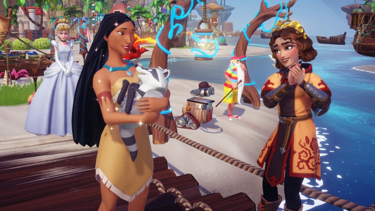Pocahontas holding Meeko next to the player in disney dreamlight valley