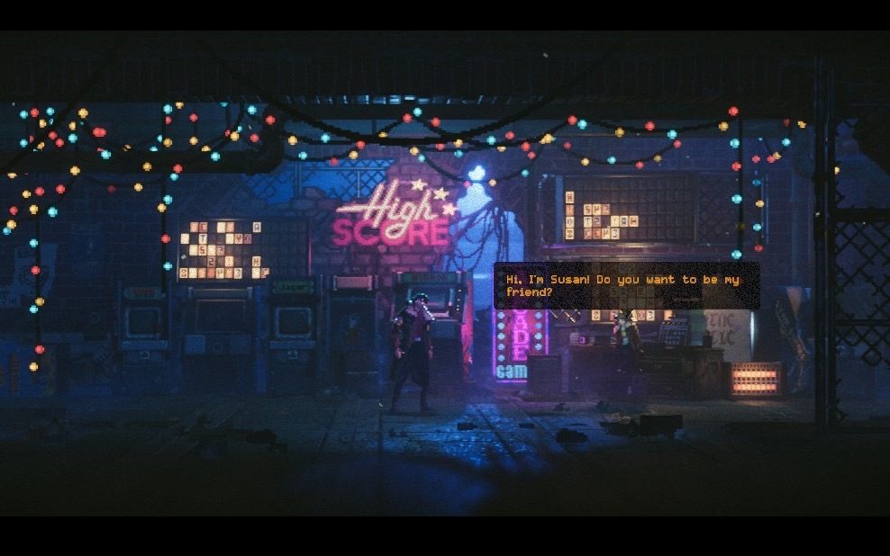 Susan in REPLACED asks to be the main character's friend inside a dark arcade lit by bright gaming consoles.