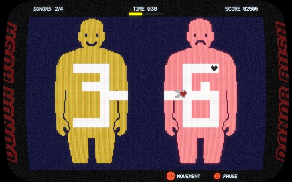 Two humans on a pixelated screen. A series of white tunnels connect them as the player moves a heart from the one on the left to the one on the right.
