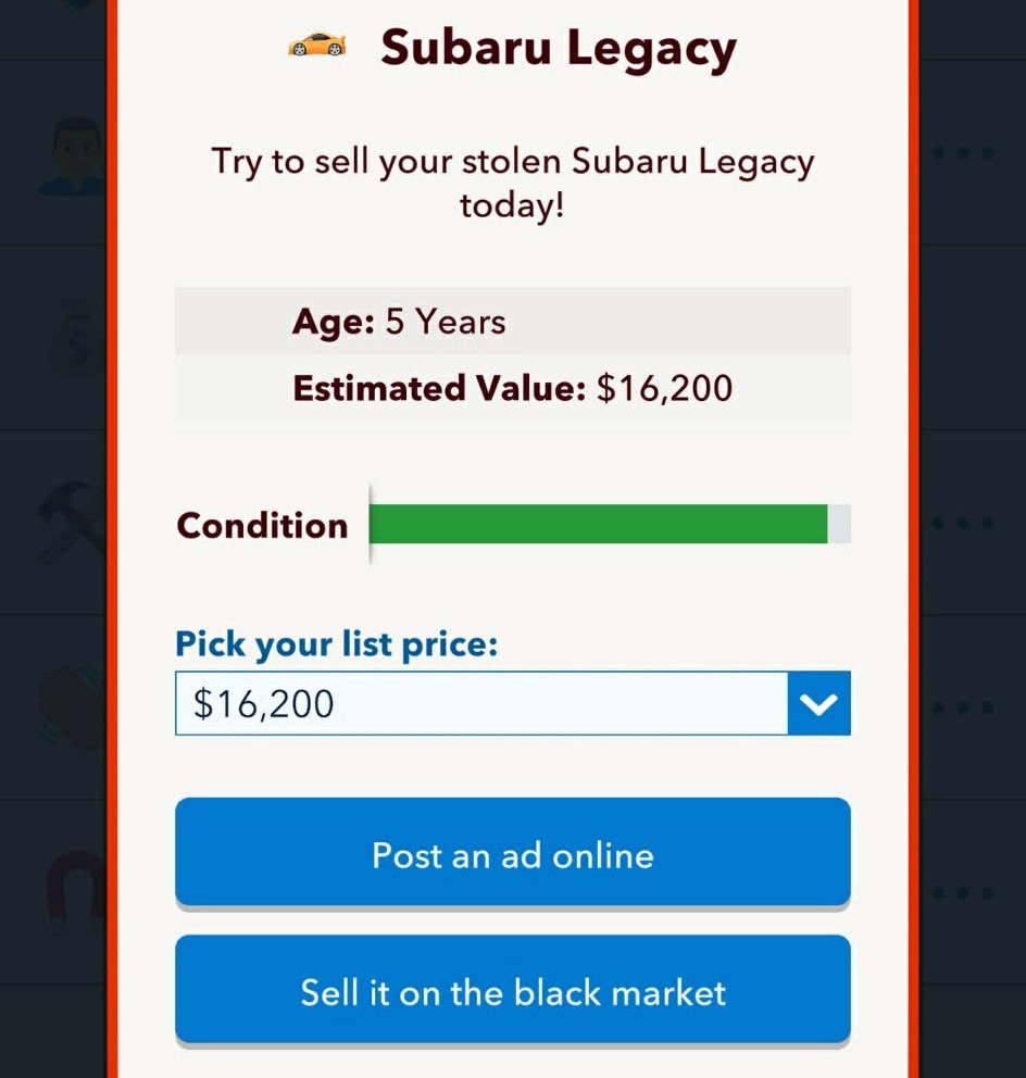 sell stolen car in bitlife