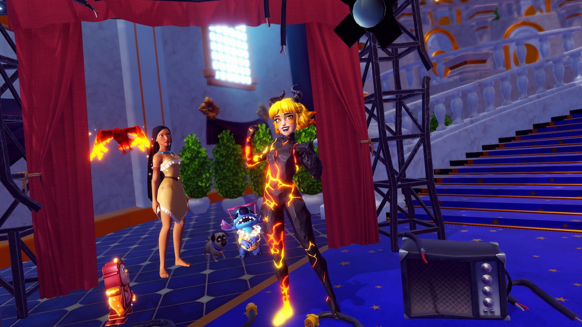 Standing by a stage with Pocahontas, switch, and cogsworth in disney dreamlight valley