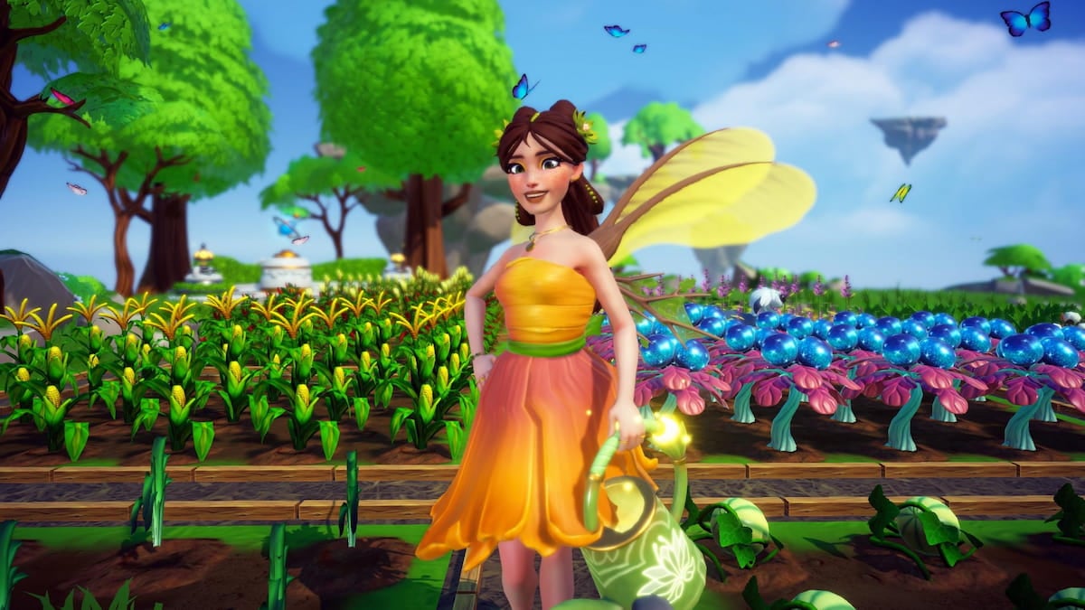 Player with watering can standing in garden in disney dreamlight valley