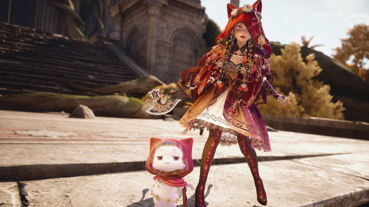 Nikki and Momo standing together wearing red in infinity nikki