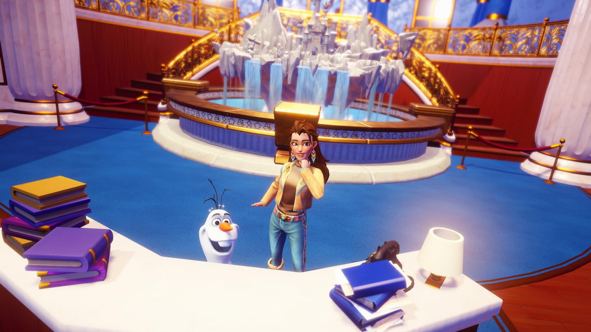 Player standing with olaf behind desk in grand exhibition in disney dreamlight valley