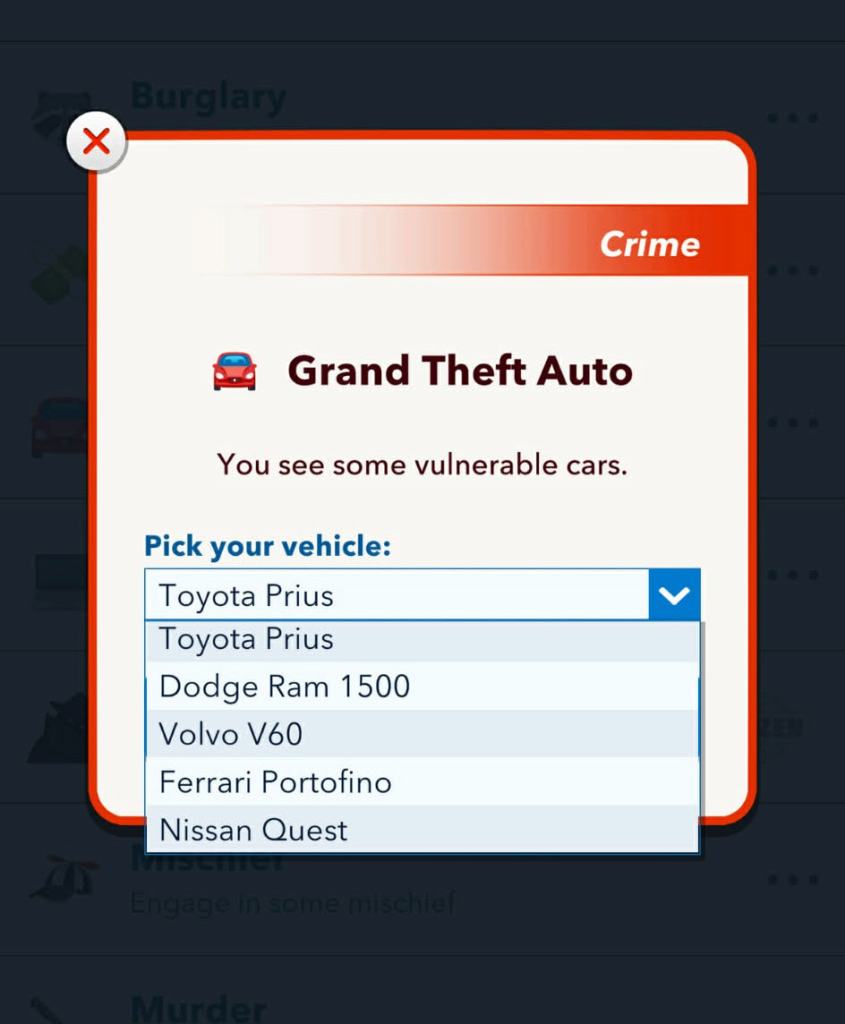 Stealing car in bitlife