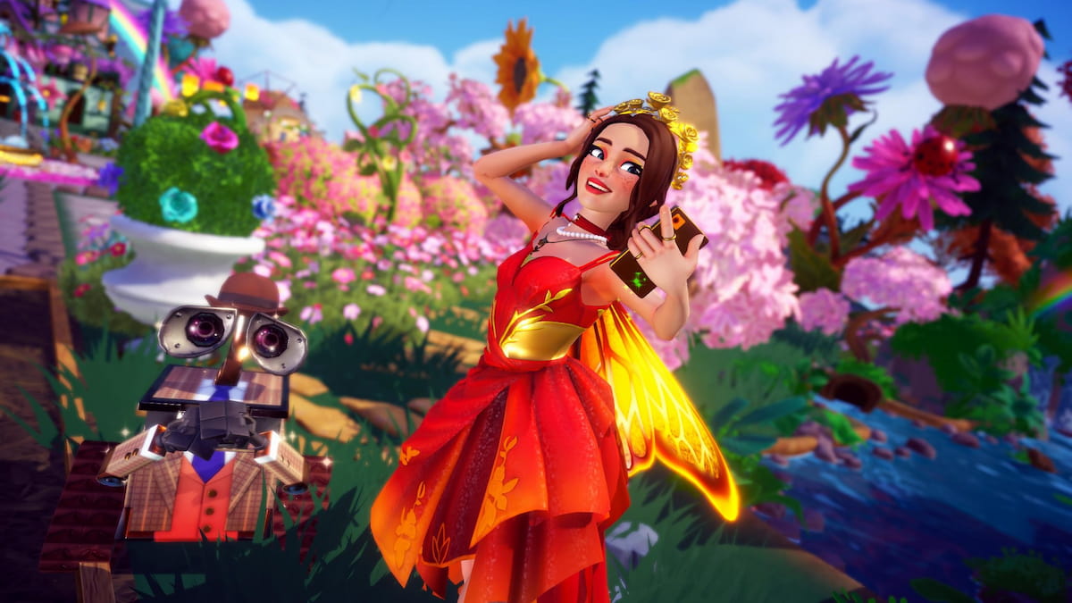 Holding up phone and taking a picture with wall-e by flowers and colorful trees in disney dreamlight valley.