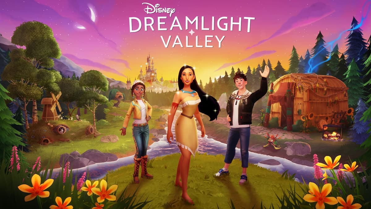 Pocahontas standing with two players in the whispers of the wind update in disney dreamlight valley