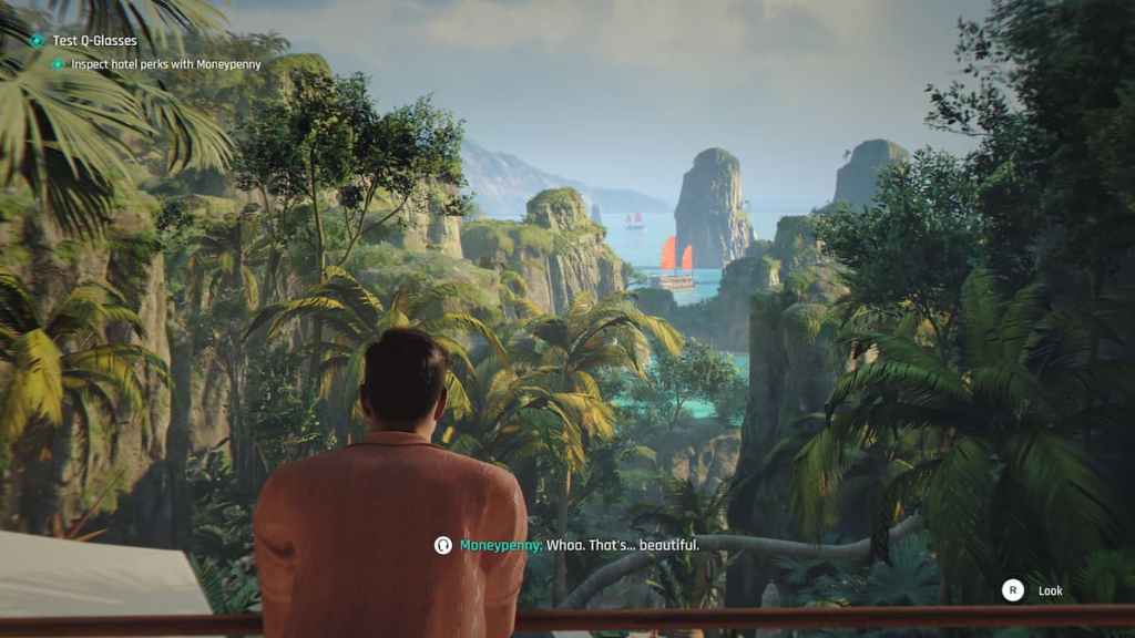 James Bond looking out a terrace toward a natural harbor in Vietnam in 007 First Light. 