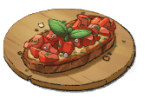 A piece of bread with diced tomatoes and herbs on top