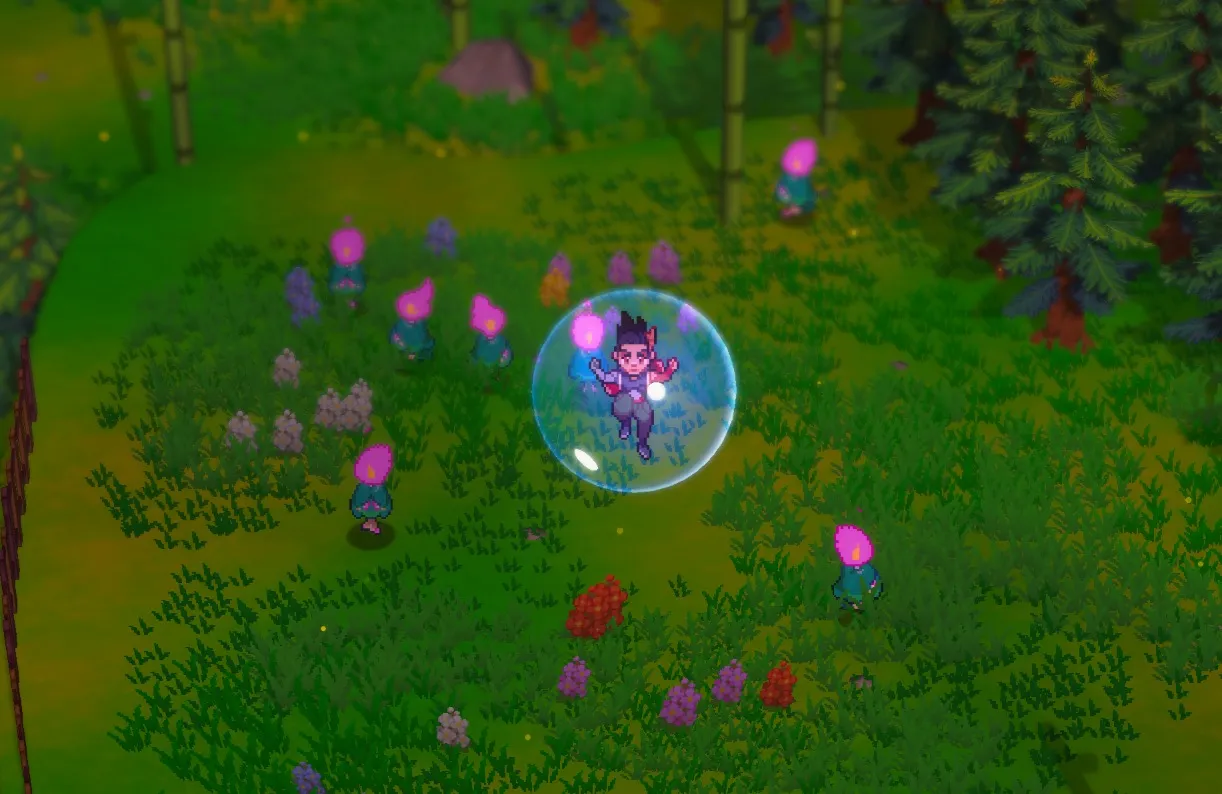 Trey in a bubble floats above a grassy field.