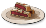 Long cookies with red filling and red stripes on top