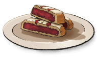 Long cookies with red filling and red stripes on top