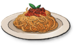 A white plate of long spaghetti noodles topped with red sauce, meat, and herbs