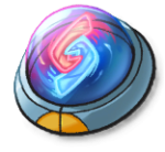 A spaceship-shaped object with blue and red symbols inside a glass dome