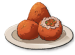 A white plate with three egg-shaped orangish fried balls of food