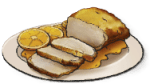 A loaf of white meat smothered in an orange sauce with orange peels on the side.