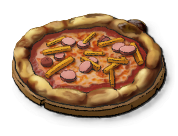 A pizza with french fries and diced meat on top. This is the Baby from LumenTale