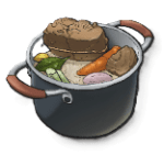 A black pot full of beef, carrots, and other veggies in LumenTale. This is the Bollito
