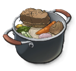 A black pot full of beef, carrots, and other veggies in LumenTale. This is the Bollito