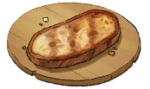 A grilled piece of bread on a wooden plate. This is the Bruschetta from LumenTale