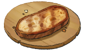 A grilled piece of bread on a wooden plate. This is the Bruschetta from LumenTale