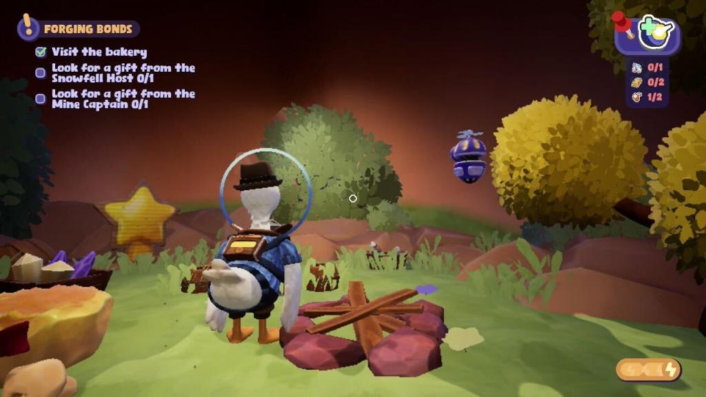 Doug the duck stands in a cave looking at a bush next to a yellow star
