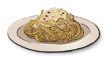 A white plate of spaghetti noodles topped with a cream sauce and cheese shavings.