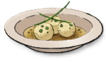 A white dish with three beige balls with green herbs draped across the top. This is the Canederli recipe from LumenTale